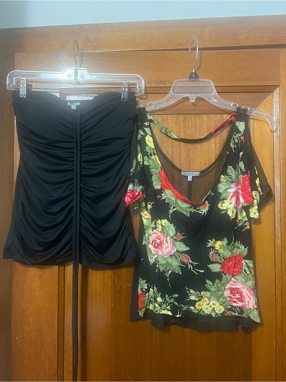 Sheer and Floral Print Top & Ruched Black Tube Top